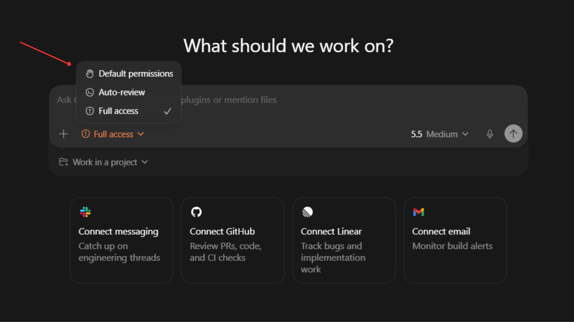 Codex access level dropdown open, showing Default permissions, Auto-review, and Full access options, with Full access currently selected.
