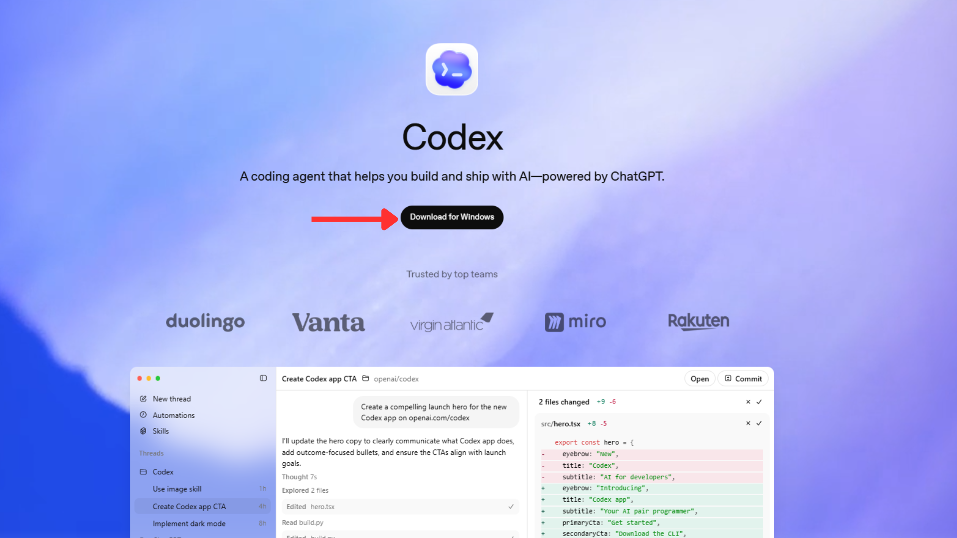 The Codex download page at openai.com/codex with a highlighted Download for Windows button.