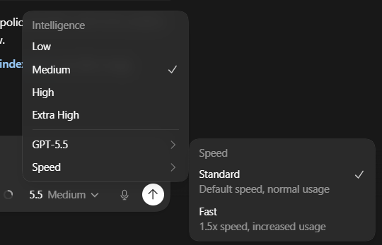 The Intelligence and Speed dropdowns in Codex, showing Low, Medium, High, and Extra High options for Intelligence, and Standard and Fast options for Speed.