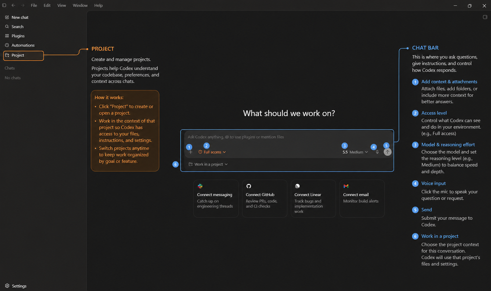 The Codex interface with the Project panel and Chat Bar labeled, showing key controls including context attachments, access level, model selection, voice input, send, and the project switcher.